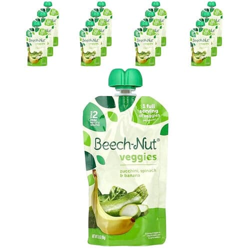 Beech-Nut, Grönsaker, 6+ månader, zucchini, spenat och banan, 12 påsar, 3.5 oz (99 g) vardera