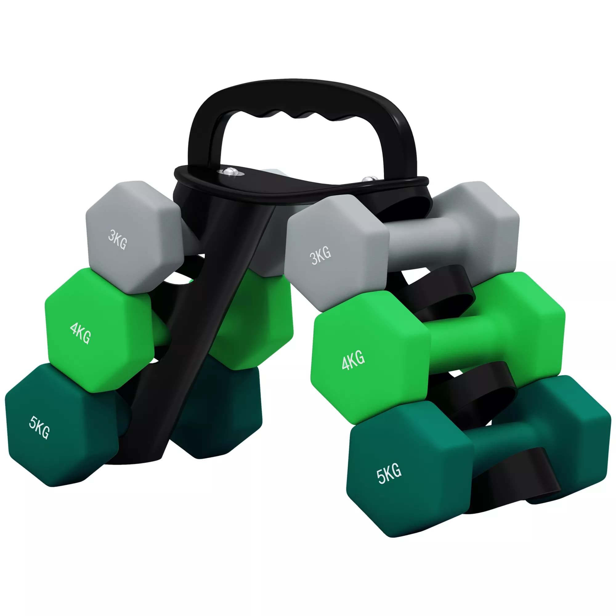 Hantelset 6-delat med Ställ - 2x3kg, 2x4kg, 2x5kg - Hexagon Hantlar för Styrketräning Hemmagym - Grå/Grön/Turkos Metall/Plast