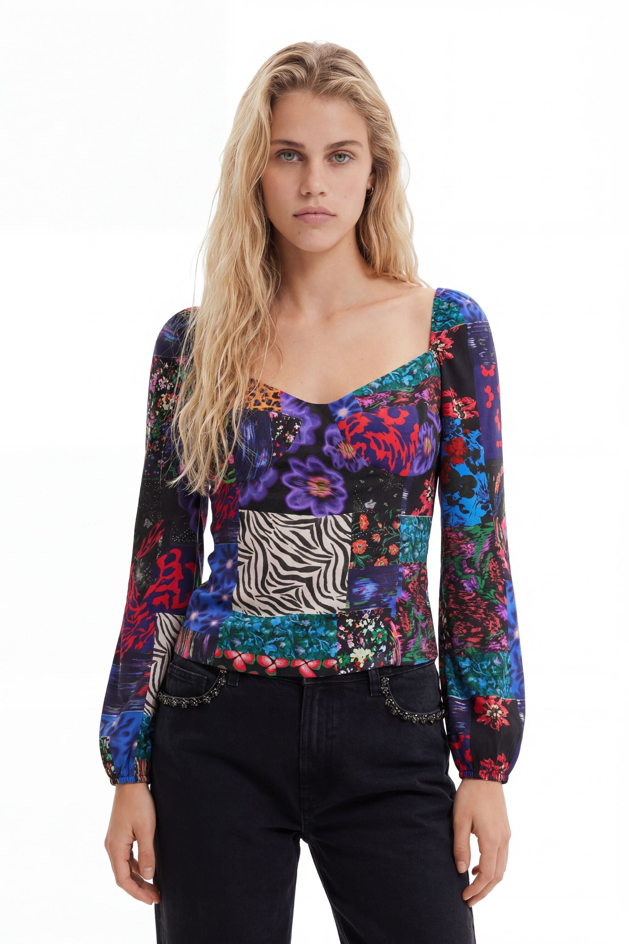 Desigual, Patchwork corset blouse, Viscose, Black, M