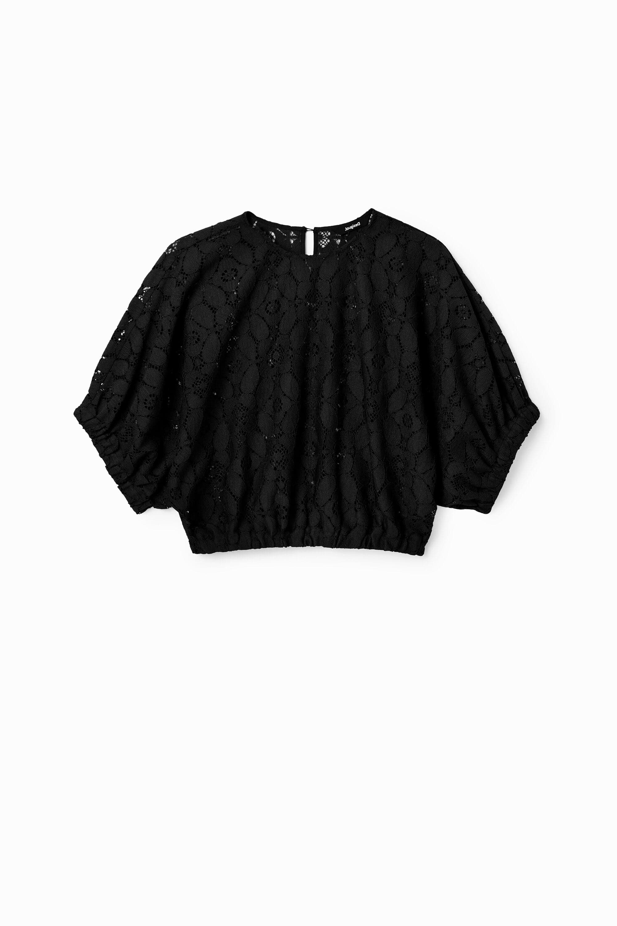 Desigual, Short puff-sleeve lace blouse, Polyester, Black, M