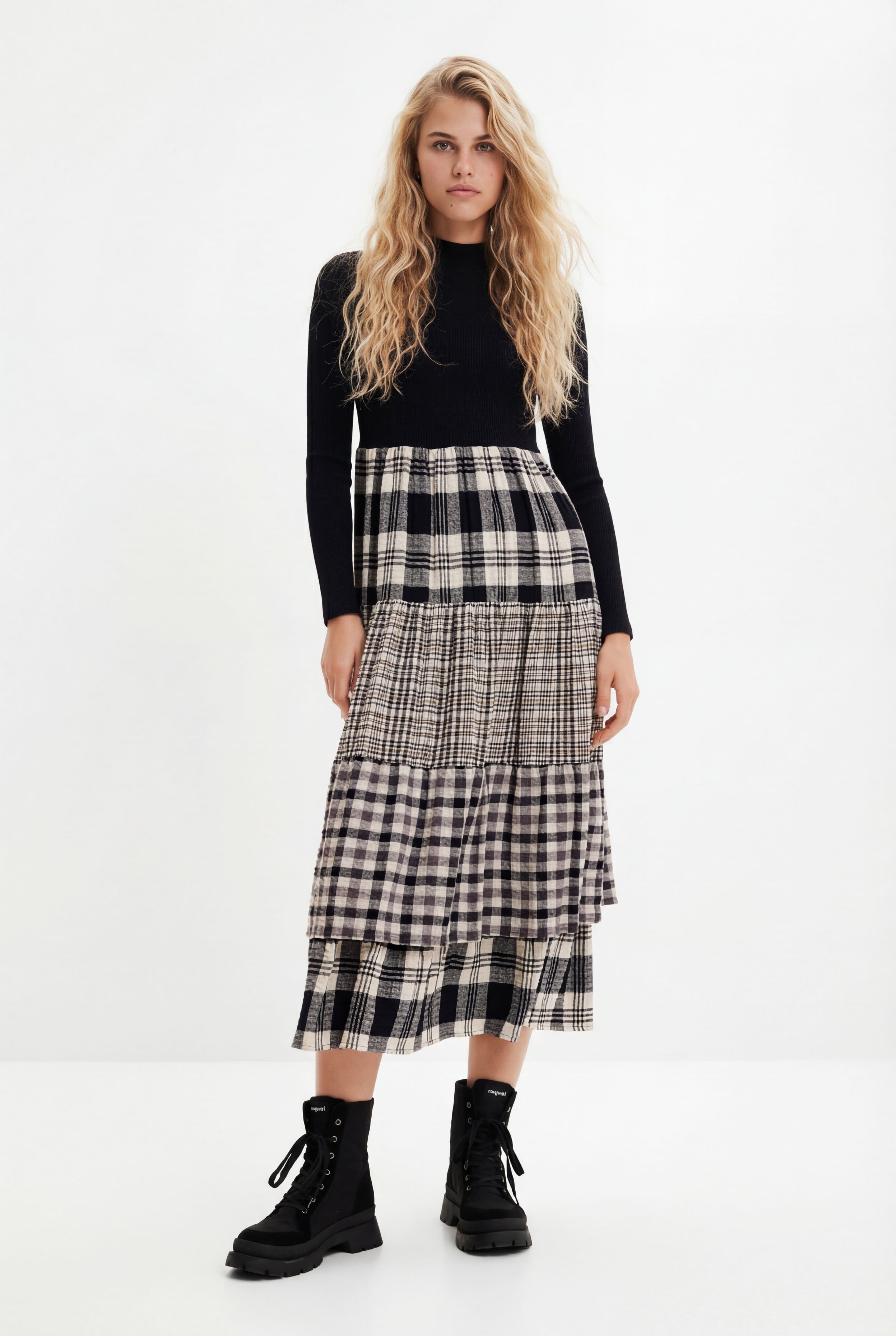 Desigual, Midi dress with plaid skirt, Black, L